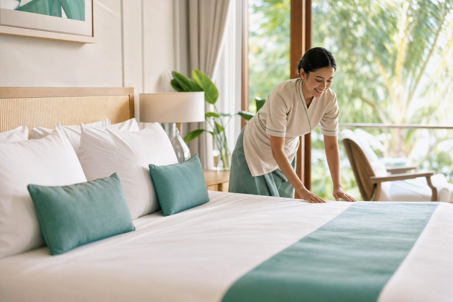 A freshly made bright bed with crisp clean linens in sunlight, airy tropical bedroom, fresh and hygienic
