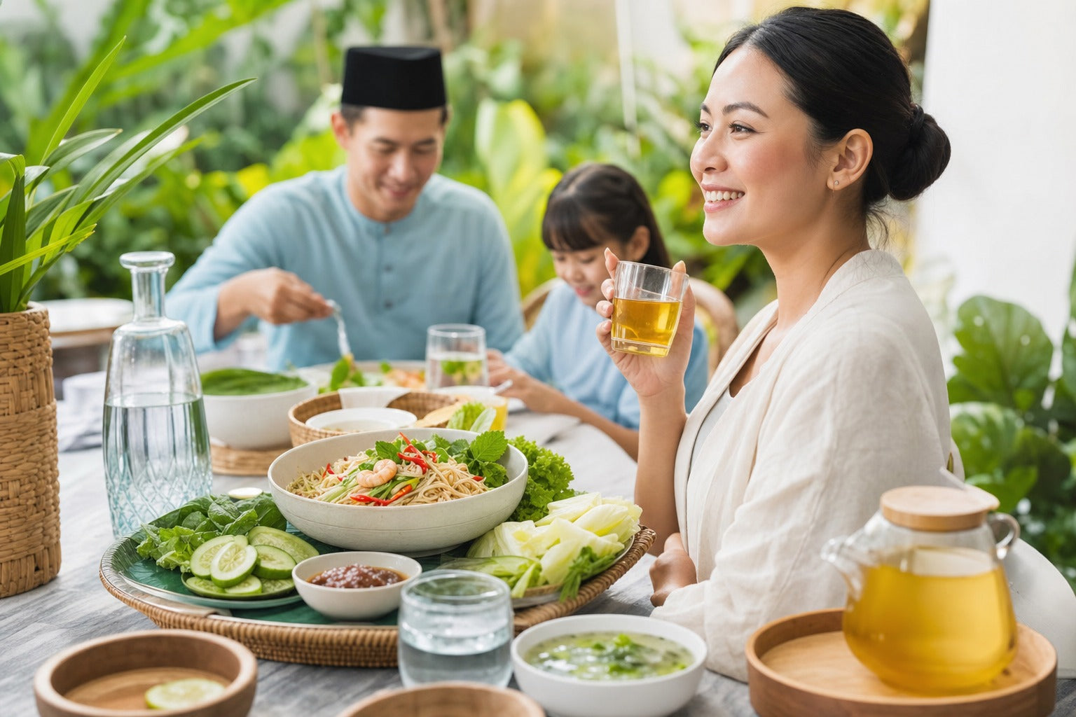 A wholesome spread of hydrating Malaysian foods, water, and a golden wellness drink on a table, fresh healthy and bright