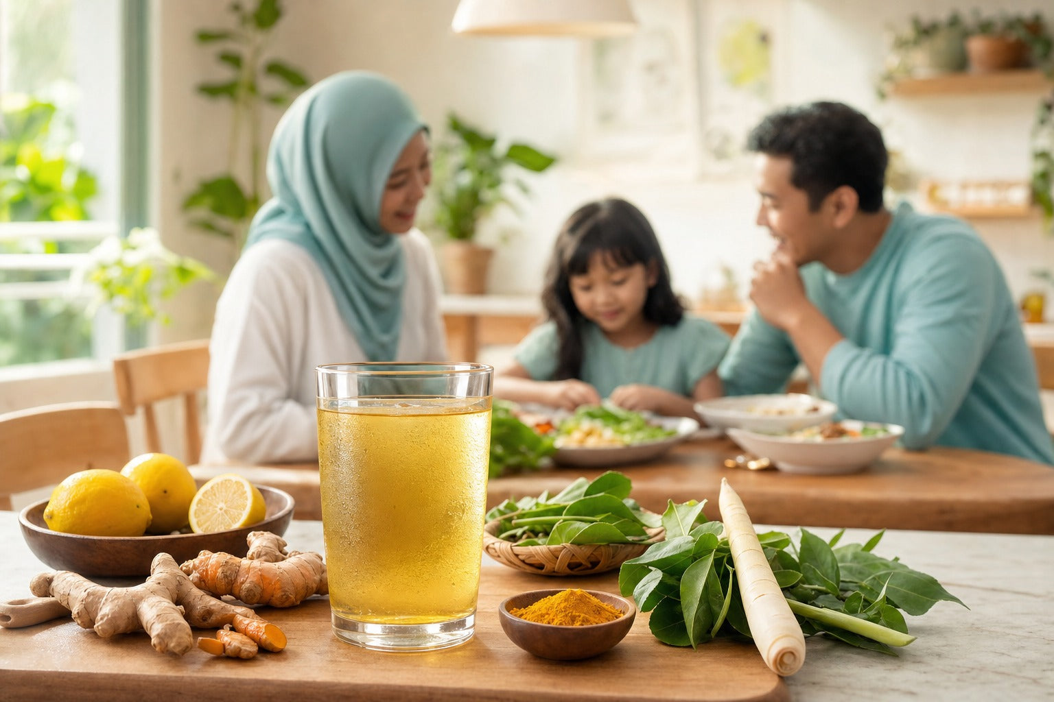 A clean conceptual still life: a glass of golden functional drink beside fresh whole foods, food not pills theme, bright minimal
