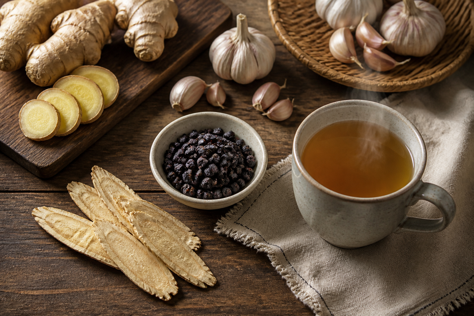Functional foods for flu season in Malaysia: fresh ginger, garlic, elderberries, dried astragalus and a warm herbal drink