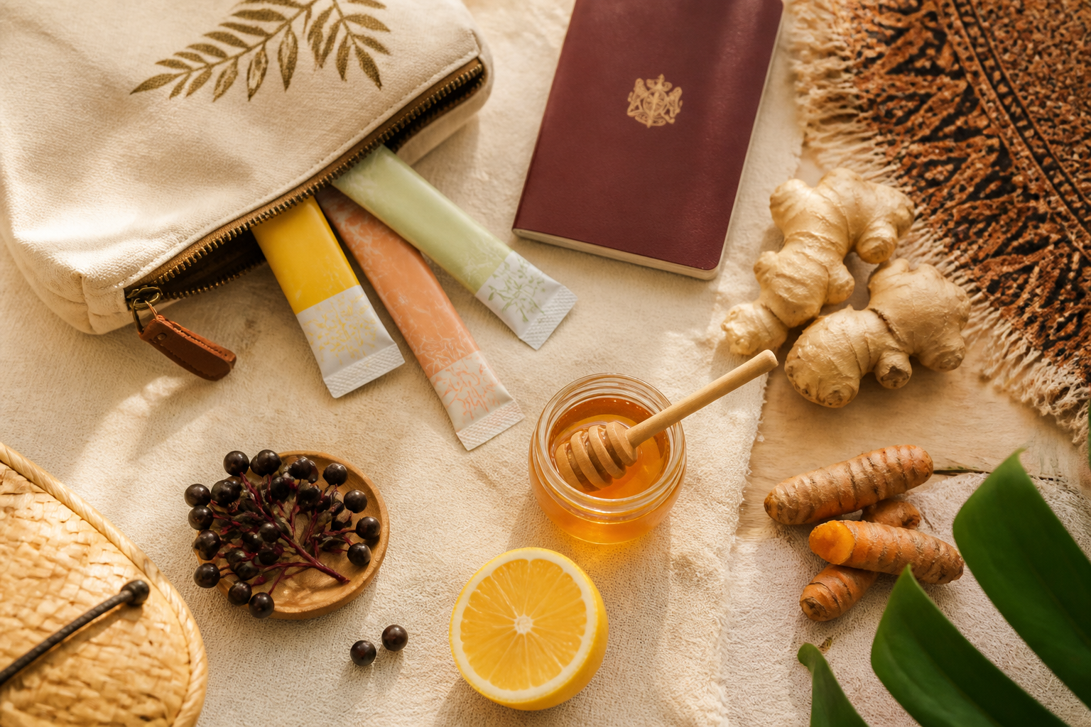 Functional foods to pack for travel: single-serve sachets, ginger, turmeric, honey, elderberries and citrus in a travel pouch