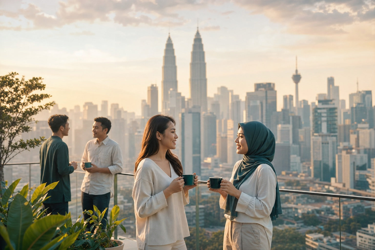 The Klang Valley / Kuala Lumpur skyline with tall towers under light haze at golden hour, atmospheric cityscape