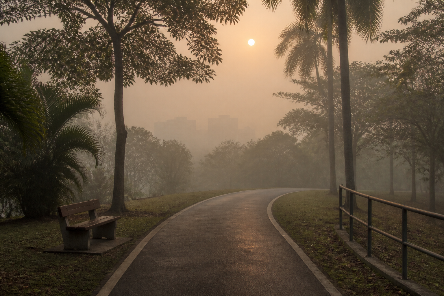 Empty jogging path in a Malaysian park on a hazy morning during haze season
