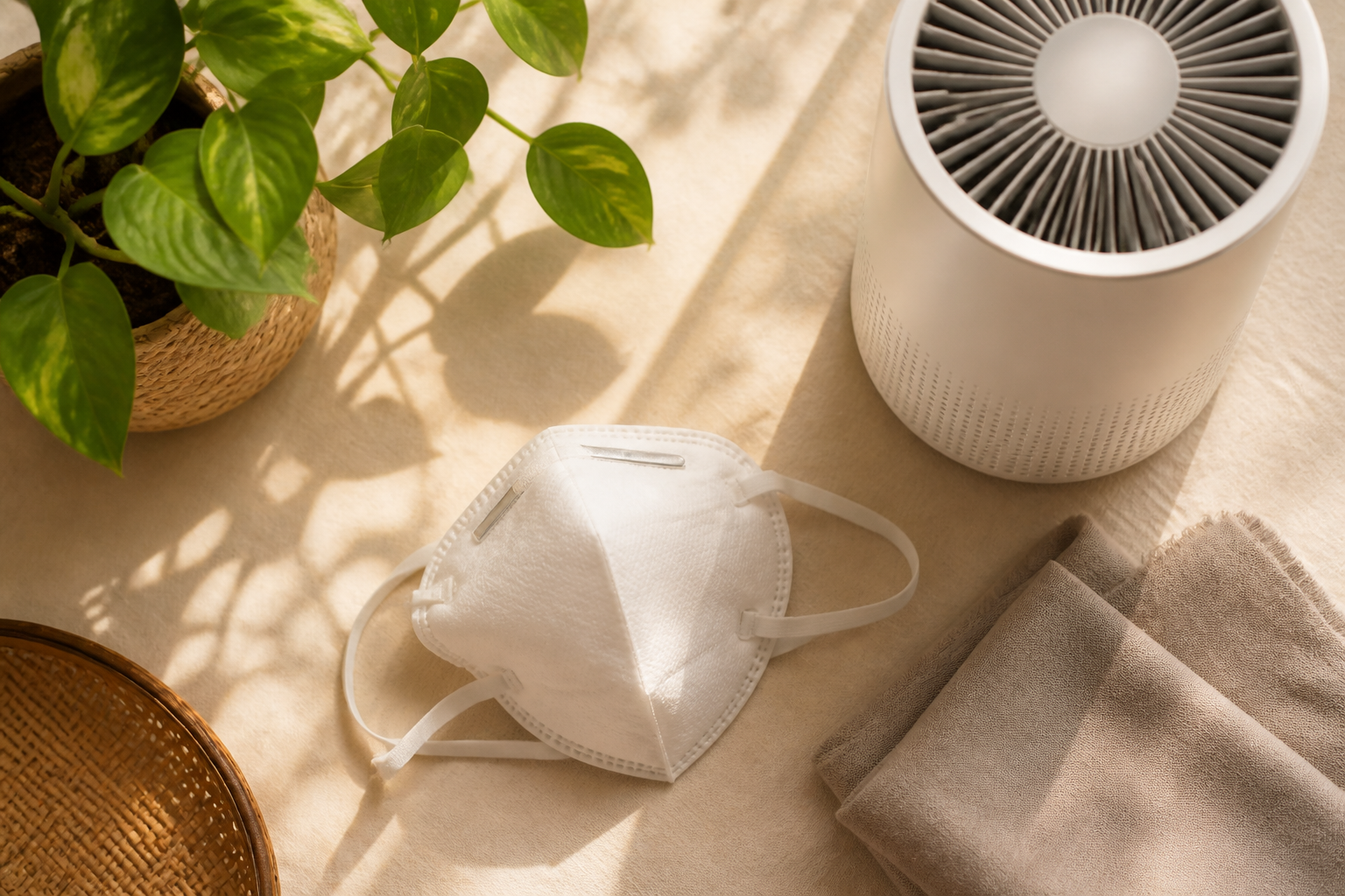 Haze protection essentials on a warm surface: a well-fitted N95 respirator, a HEPA air purifier and a houseplant