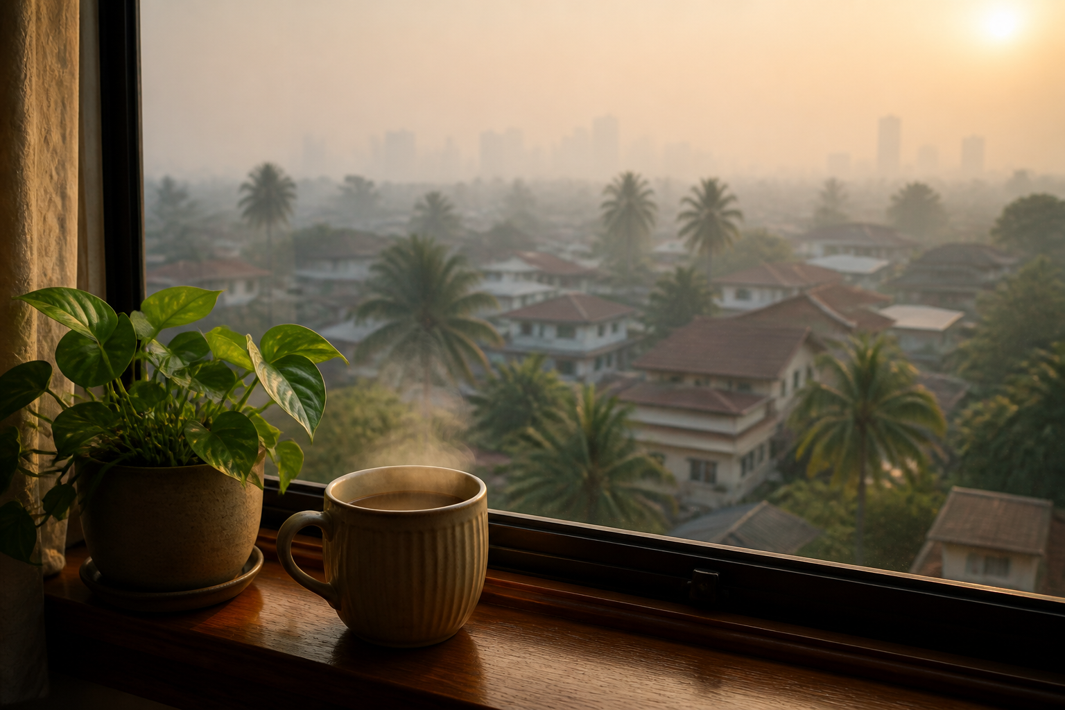 Hazy Malaysian morning skyline seen through a home window during haze season