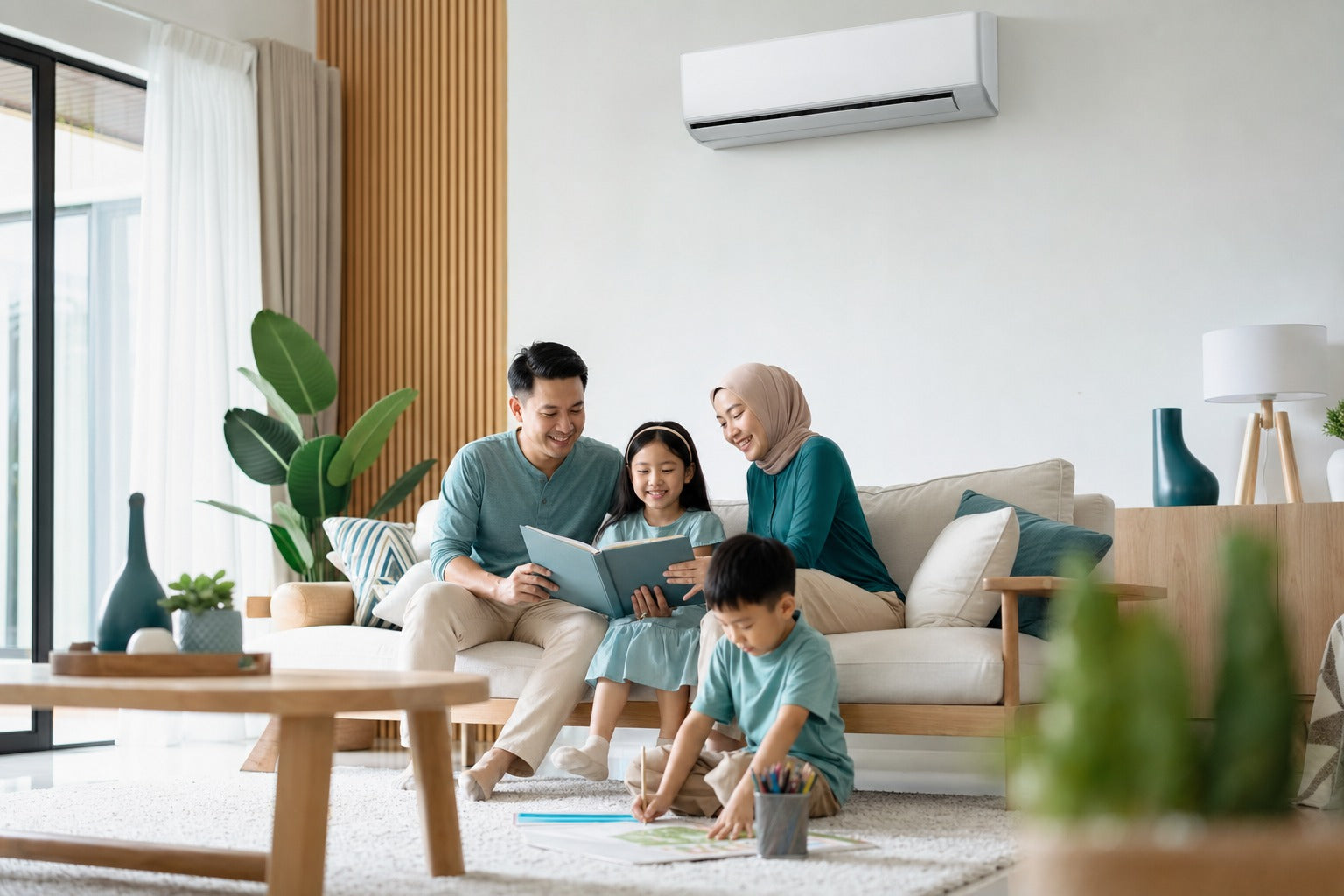 A clean modern Malaysian living room with a wall-mounted air-conditioner, fresh and tidy, bright, a sense of clean maintained air