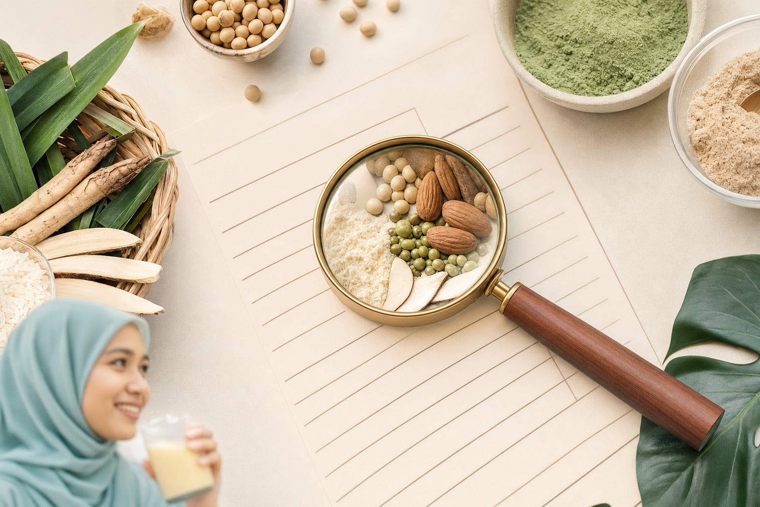 A clean close flat-lay suggesting a nutrition/ingredient information panel on cream background with a magnifying glass, no readable brand text