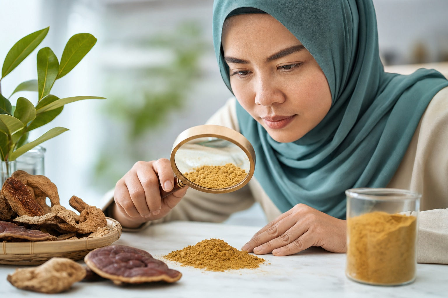 A magnifying-glass close inspection of golden mushroom powder quality on a clean surface, authenticity and scrutiny theme