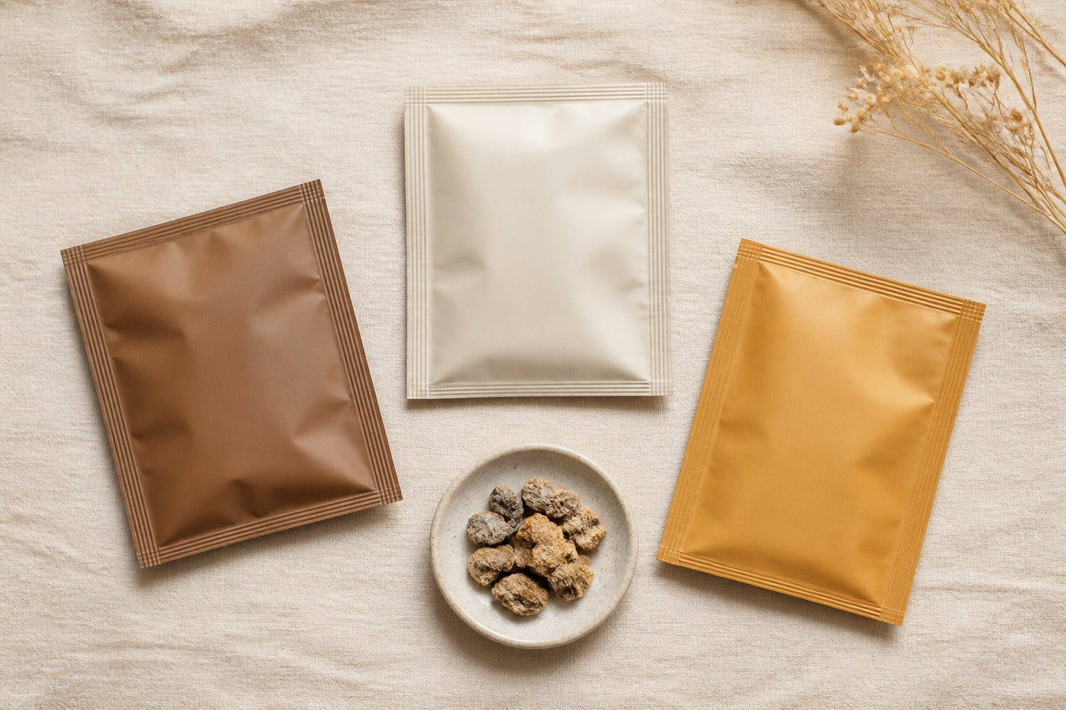 Editorial flat-lay of Tiger Milk Mushroom sachet packets — featured image for ORGANO TYGRON 2026 buyer’s guide on how to choose a TMM brand in Malaysia