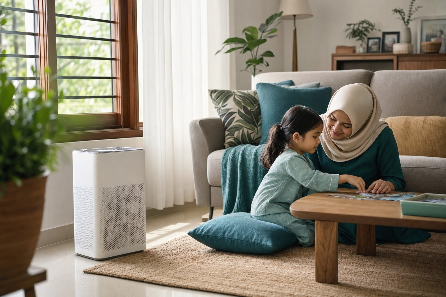 A cozy Malaysian living room with a white HEPA air purifier running near a window, clean calm indoor air feeling