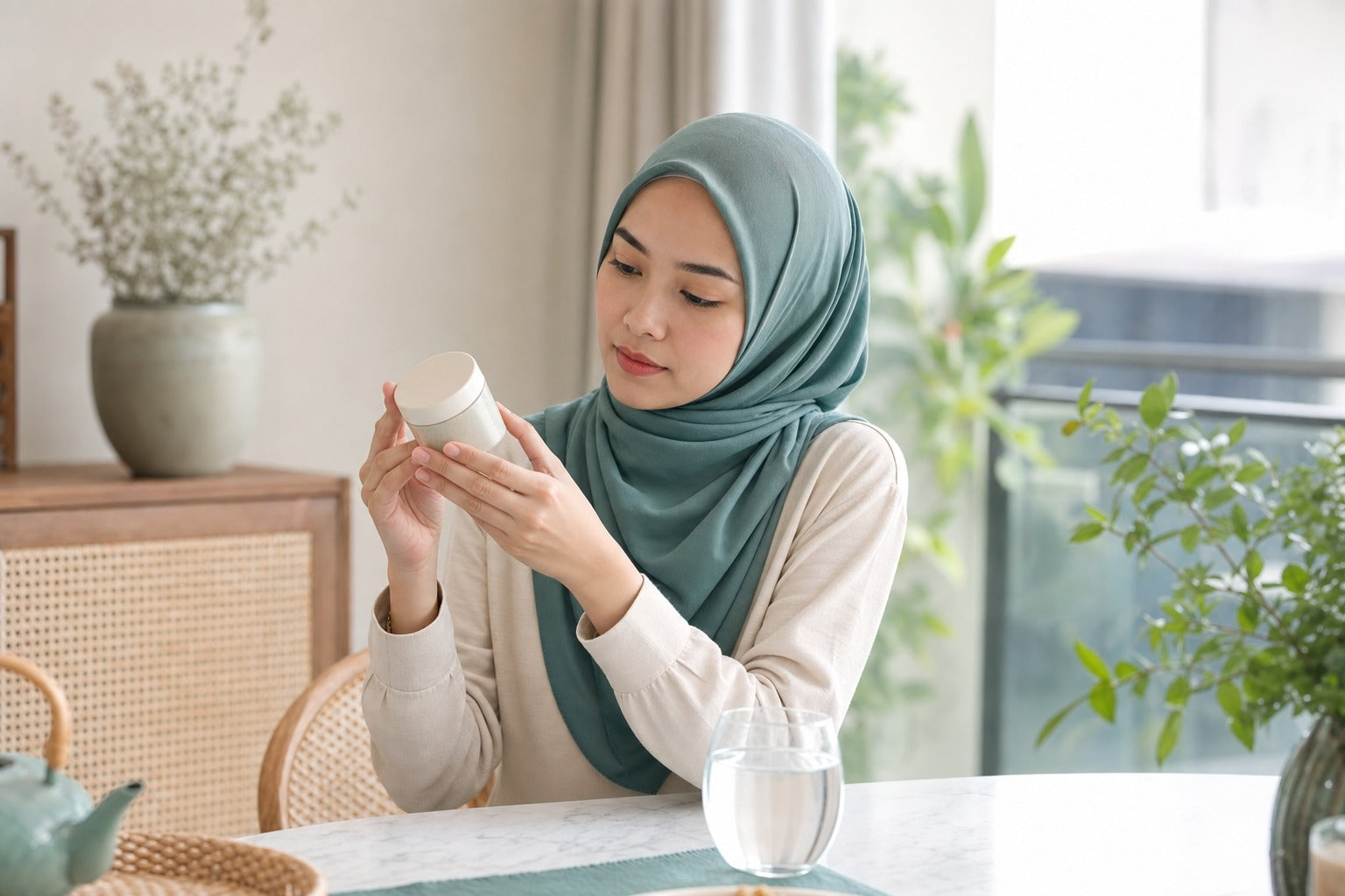 A discerning shopper thoughtfully examining a plain wellness product in good light, trust-and-scrutiny mood, no readable brand label