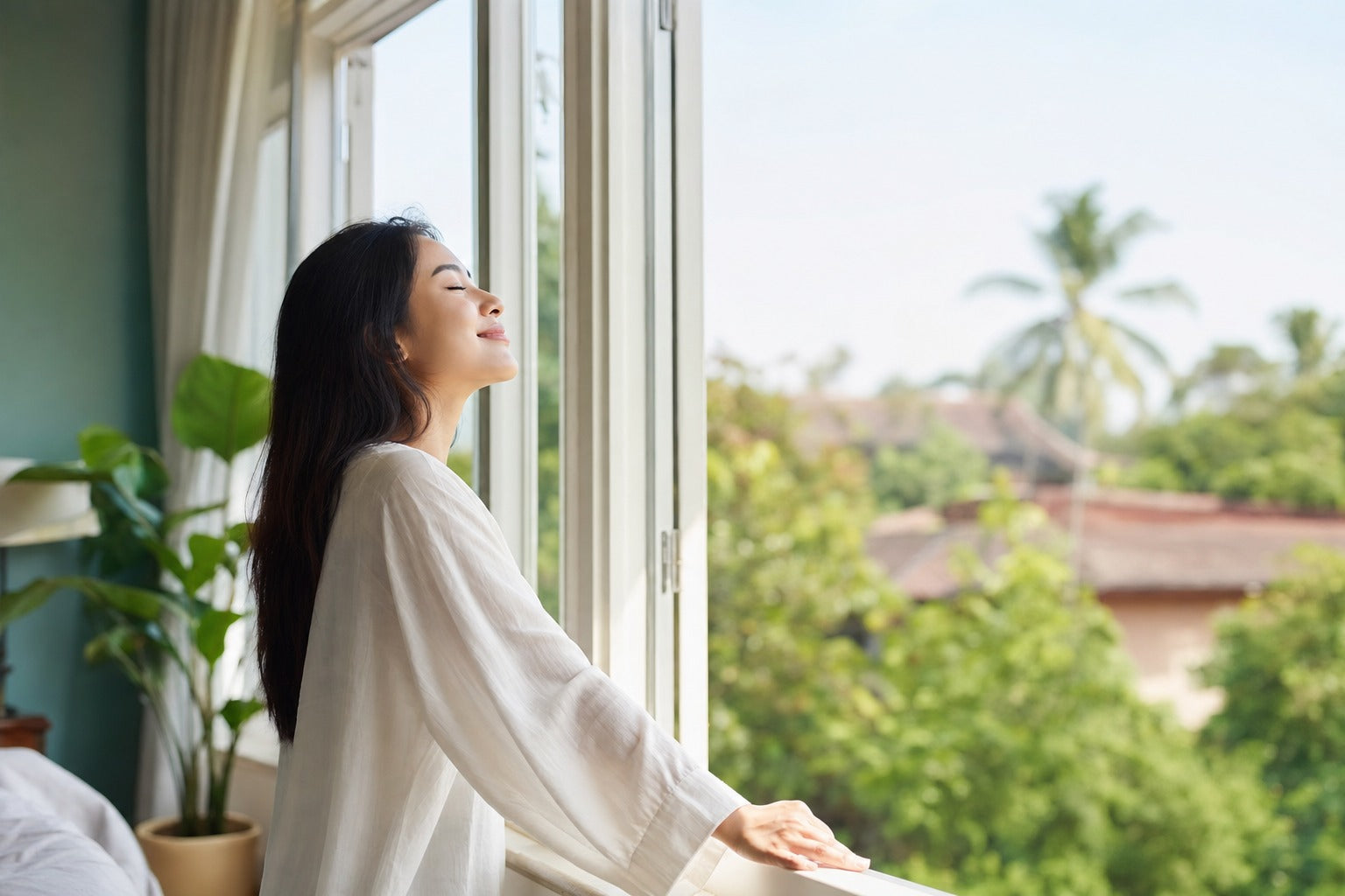 A person breathing easily by an open bright window in fresh morning air, relief and clear-breathing mood, soft light