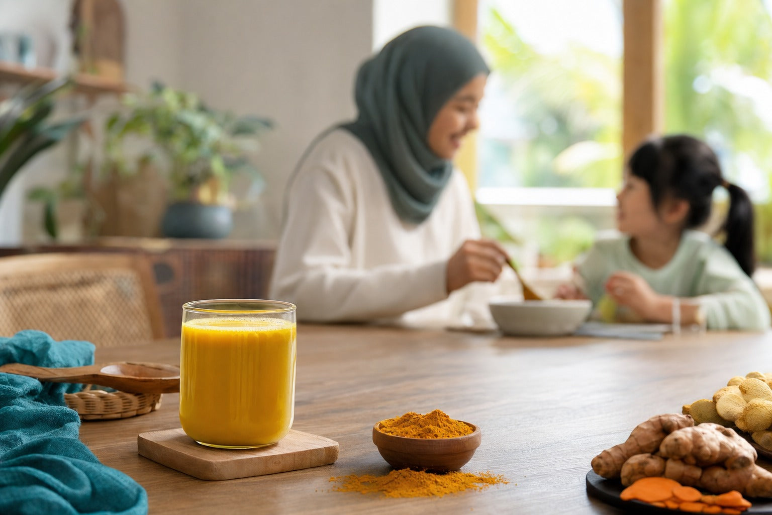 A glass of warm golden tiger milk mushroom drink on a wooden kitchen table in soft morning light, calm Malaysian home