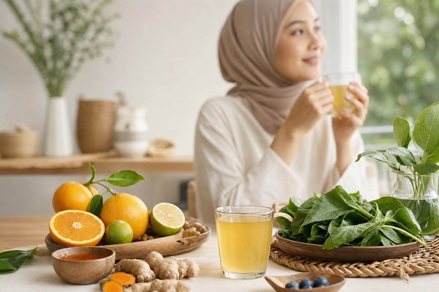 A bright fresh still life suggesting immunity and vitality — citrus, a golden drink and leafy greens on cream, clean science-meets-nature