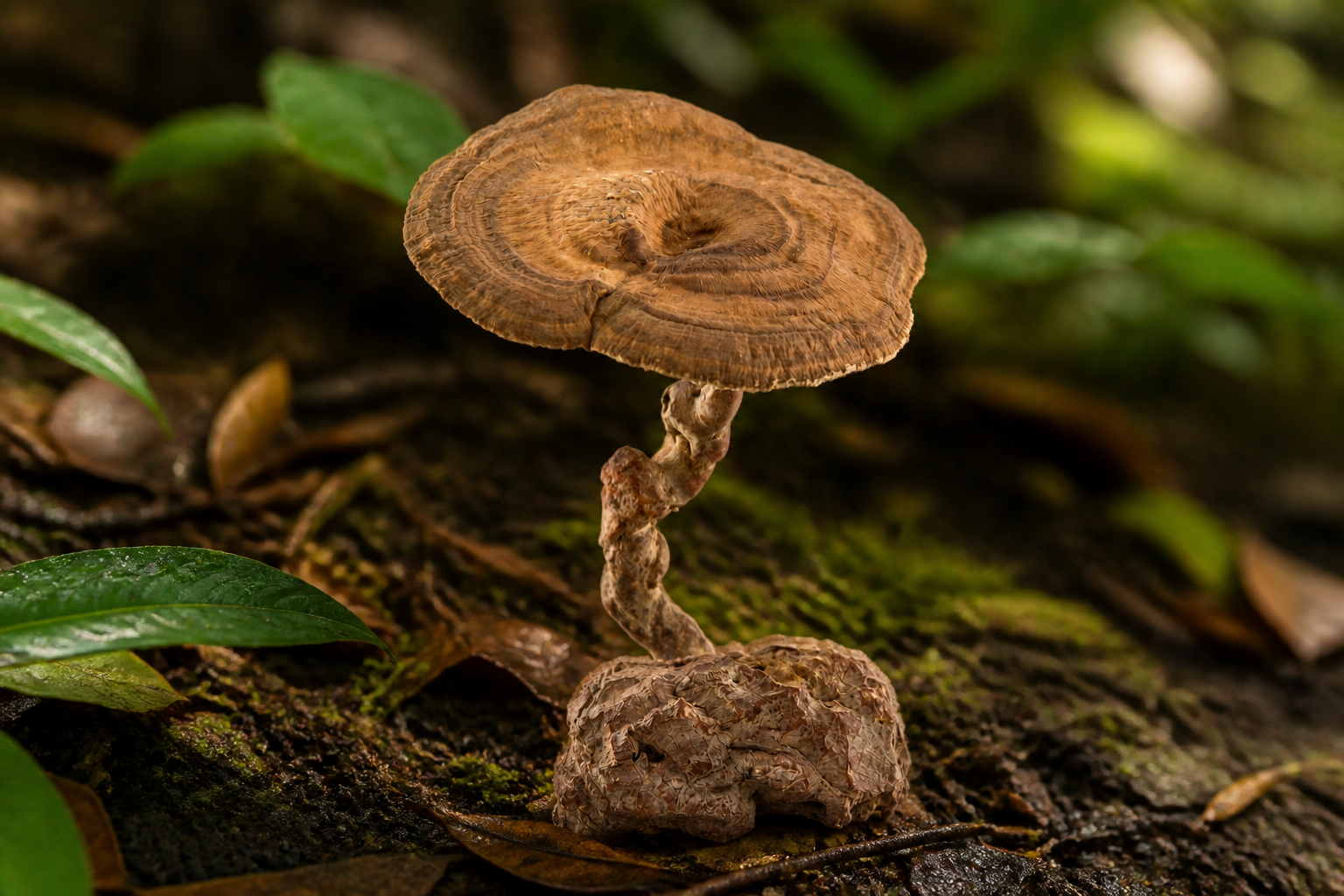 Tiger milk mushroom (Lignosus rhinocerus) whole specimen on a Malaysian forest floor