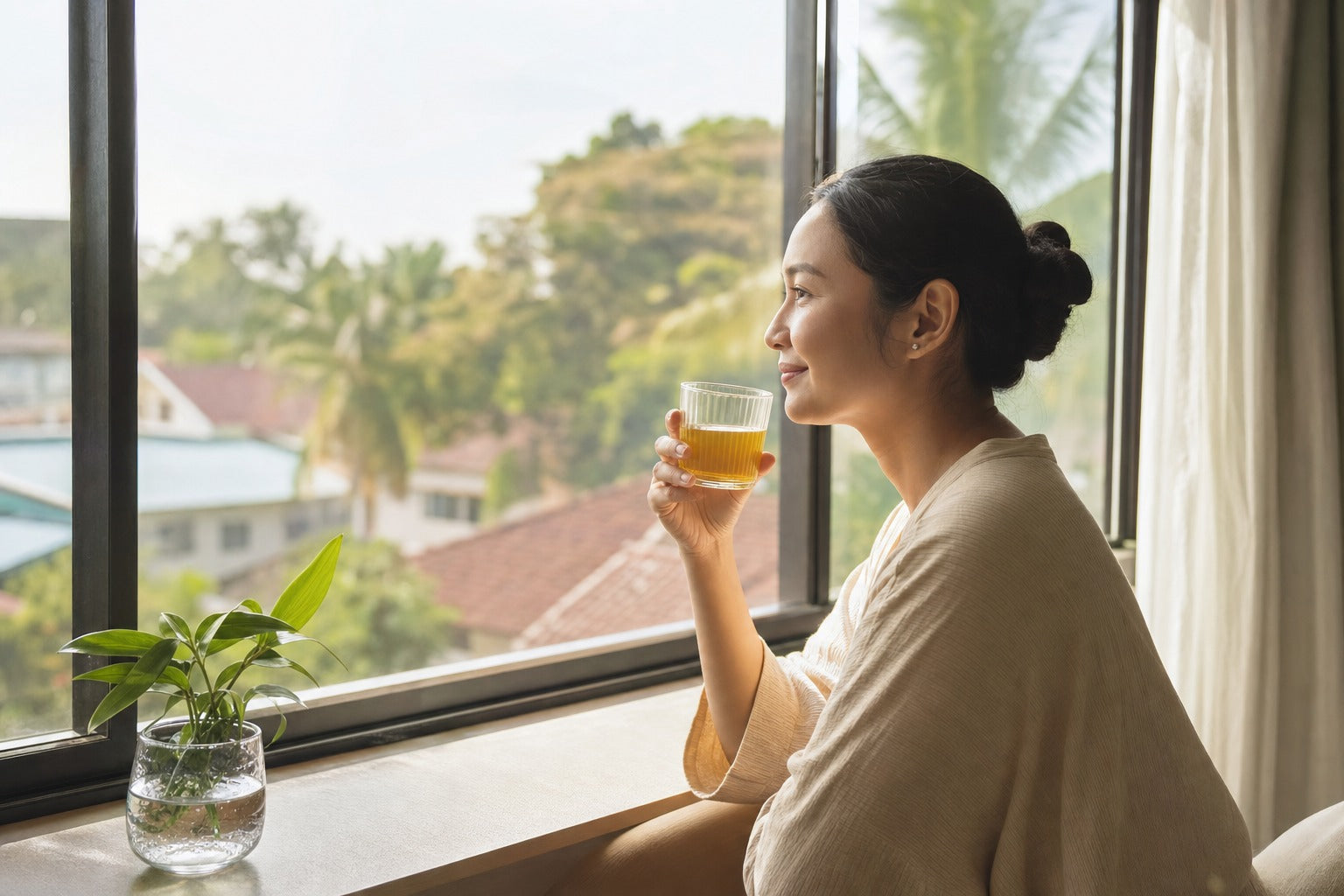 A glass of golden drink on a sunny windowsill, a sense of a consistent daily ritual over time, warm and calm