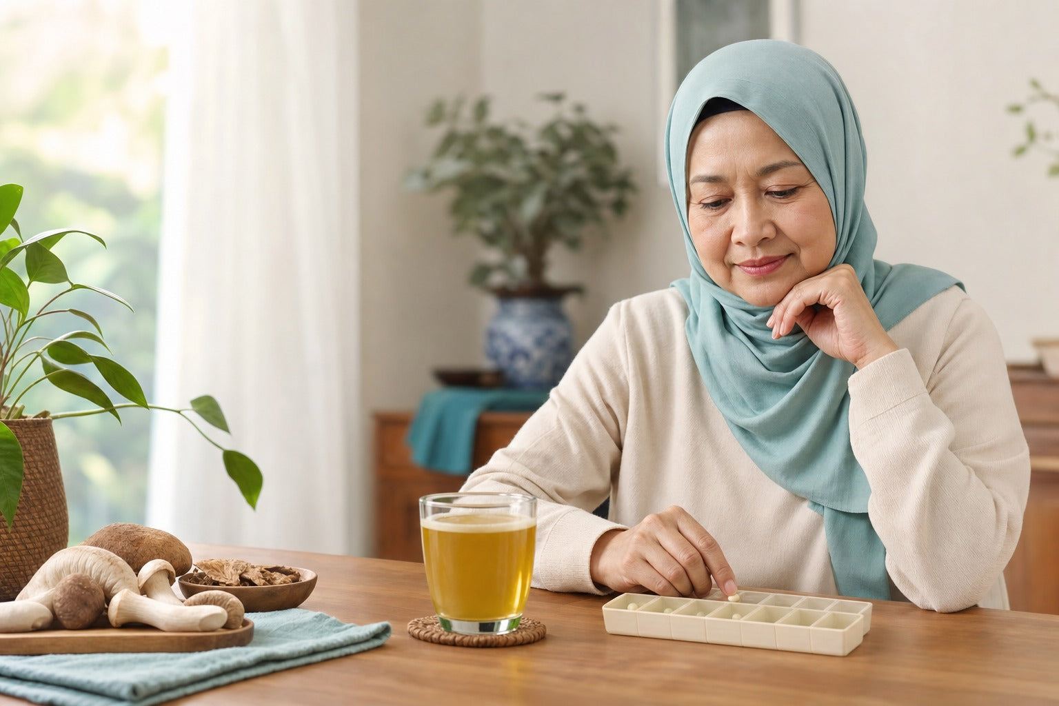 A thoughtful tabletop scene: a glass of golden mushroom drink beside a plain daily pill organiser, soft light, careful considered mood