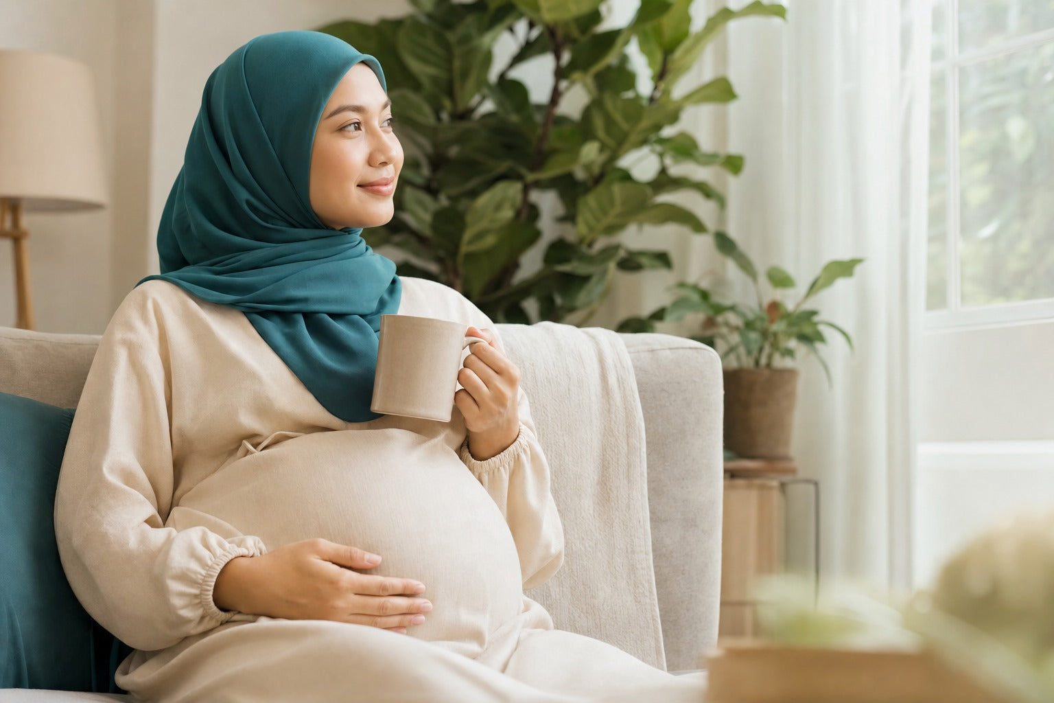 A serene expectant Malaysian mother in soft natural light holding a warm drink, gentle reassuring wellness mood
