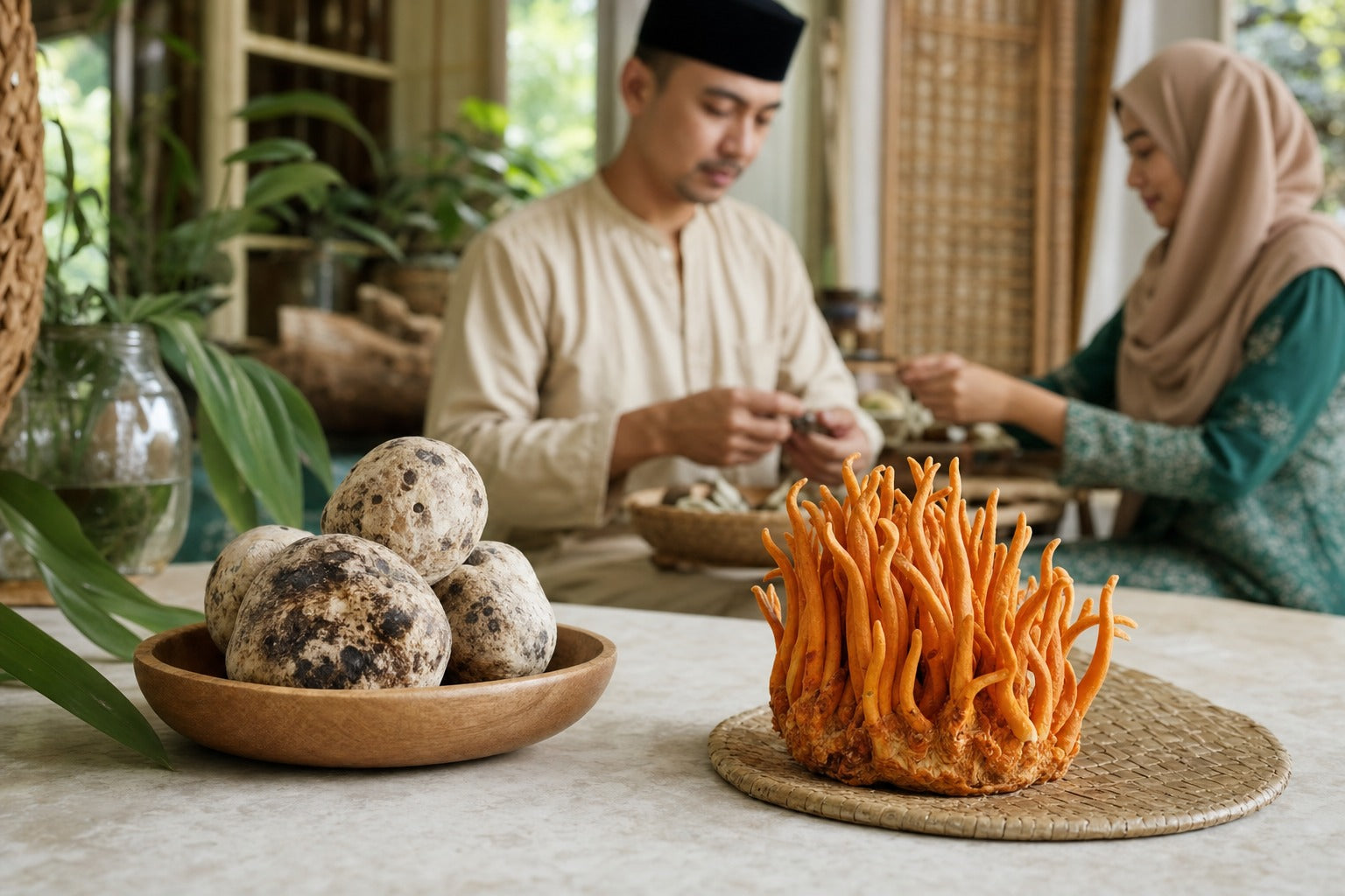 Two distinct functional mushrooms on a clean surface — pale tiger milk mushroom sclerotium and orange cordyceps — educational comparison still life