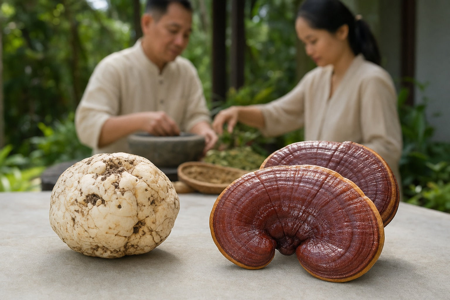 Two distinct mushrooms on a clean neutral surface — a pale tiger milk mushroom sclerotium and a glossy reddish reishi bracket — educational still life