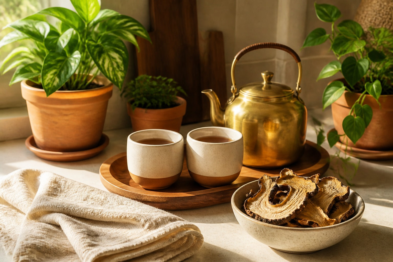 Sunlit cosy kitchen with two ceramic teacups and brass kettle — featured image for ORGANO TYGRON caregiver guide on Tiger Milk Mushroom for elderly parents