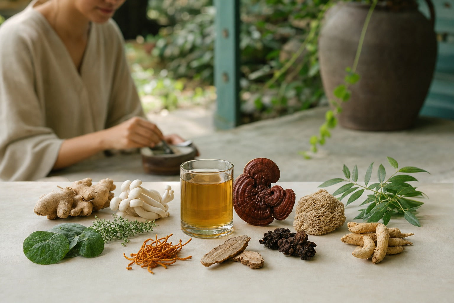 An elegant arrangement of eight different natural botanicals and mushrooms around a glass of golden drink on cream, abundance and synergy, editorial