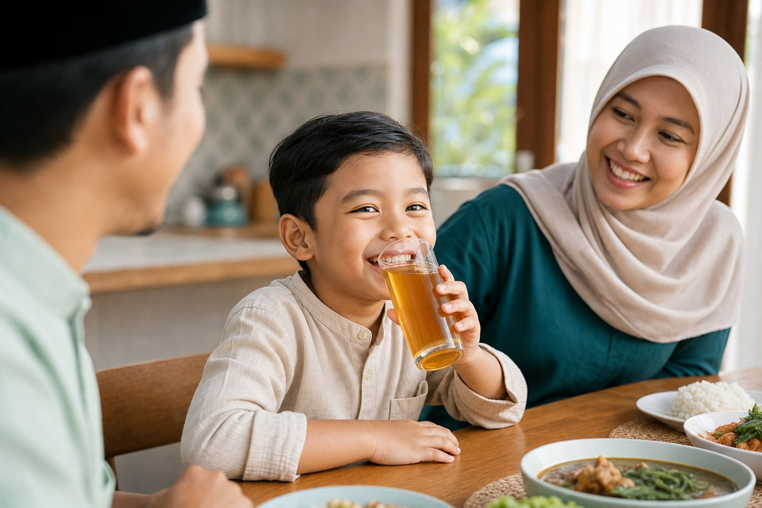 A happy Malaysian child cheerfully drinking a golden wellness drink at a kitchen table, bright wholesome family mood