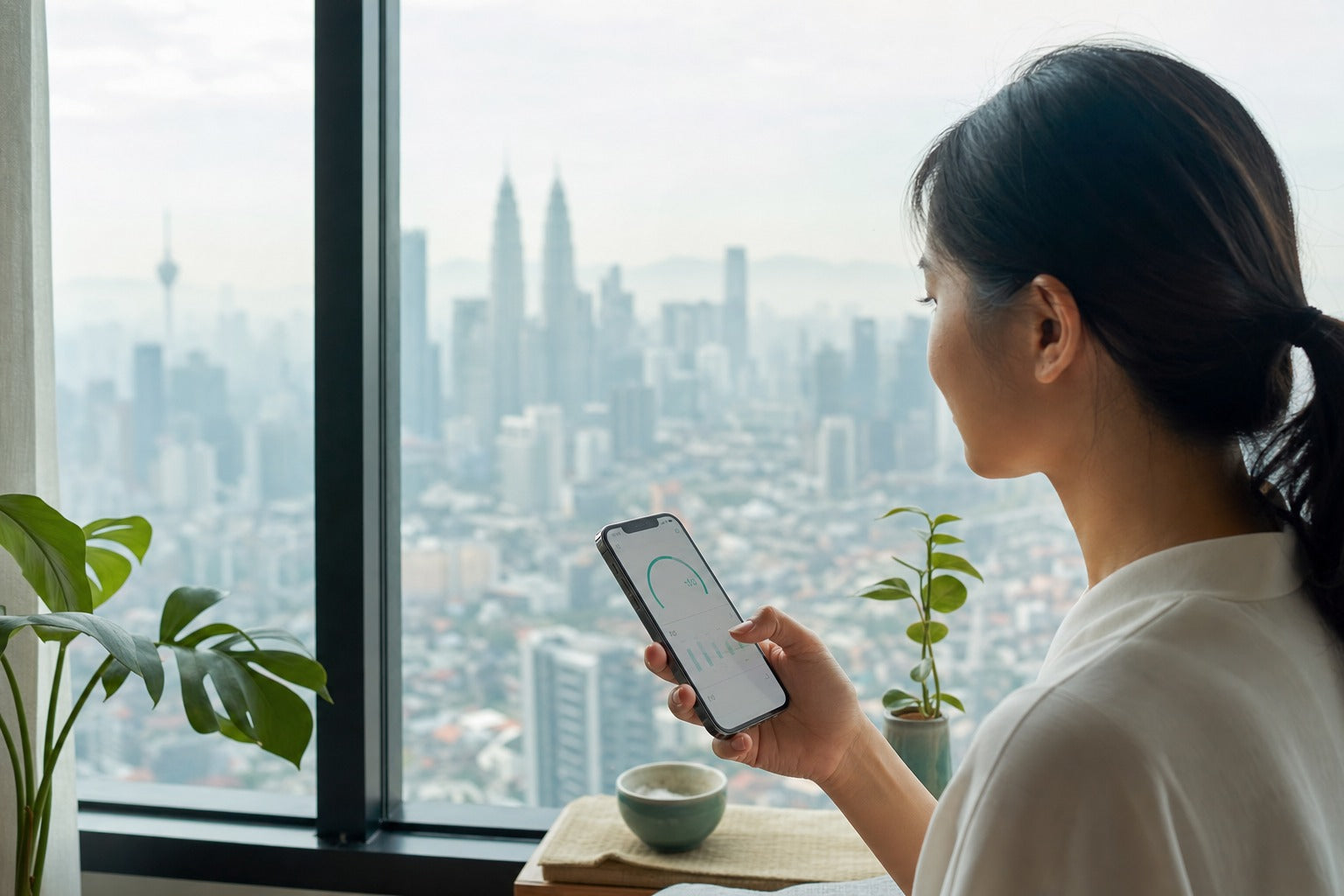 A Malaysian city skyline lightly veiled in haze seen through a window while a person checks an air-quality app on a phone, muted hazy daylight