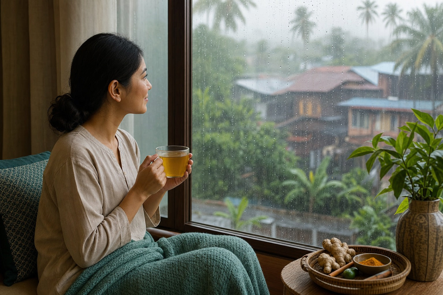 A cozy Malaysian home during rainy monsoon season seen through a rain-flecked window, a warm golden drink held in hands, seasonal wellness