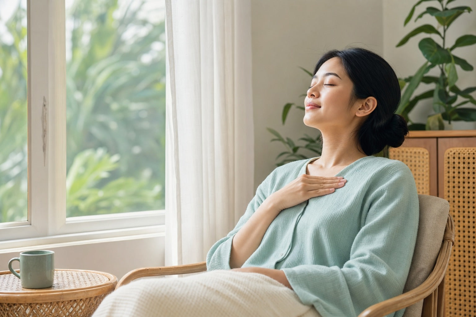 A person resting calmly by a bright window after the haze has cleared, hand resting near the chest, gentle recovery mood