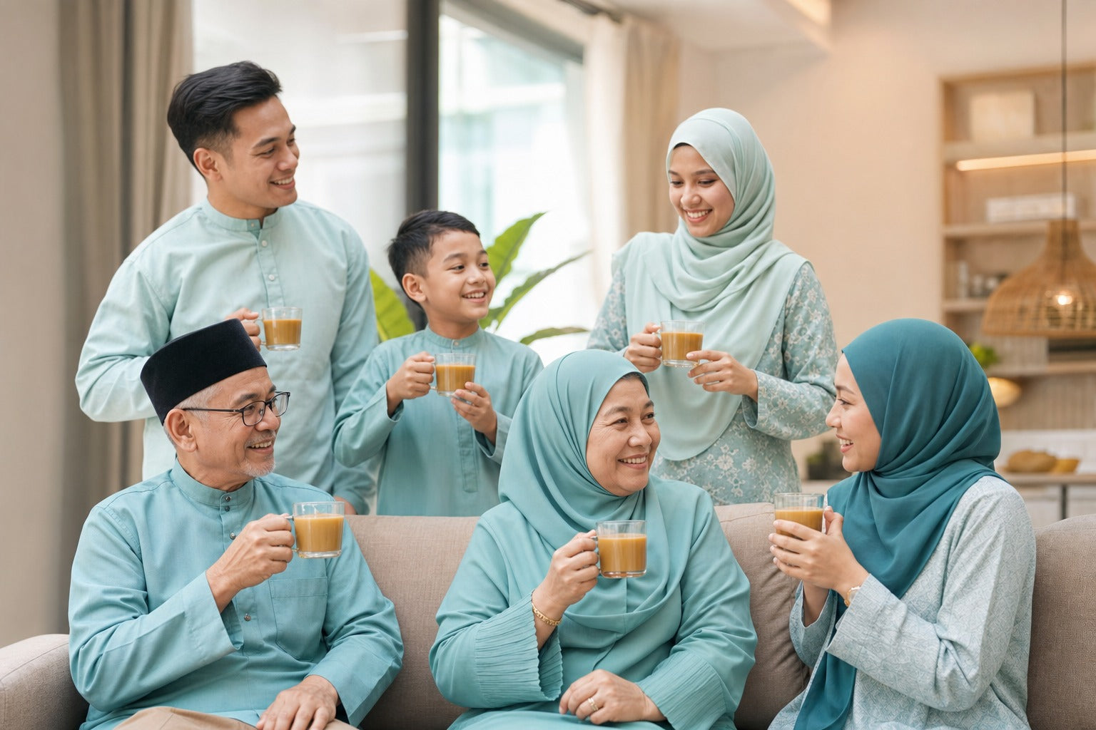 A multi-generation Malaysian family happily sharing warm golden drinks together in a bright home, daily-ritual joyful wellness