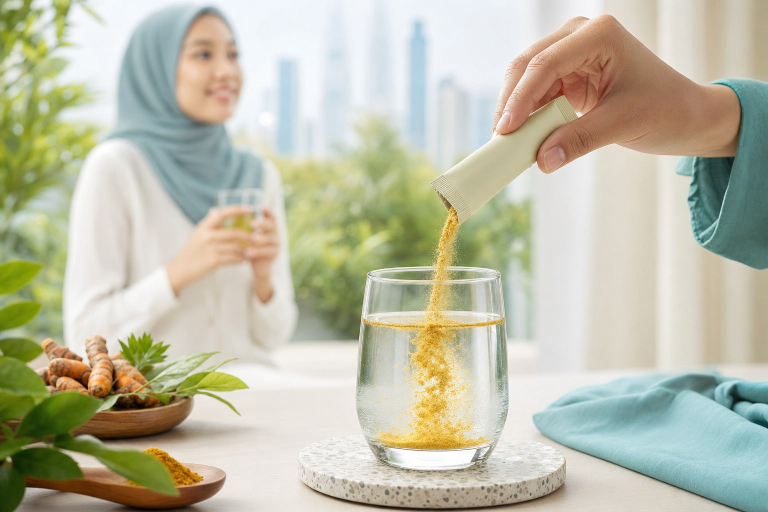 A clean dry single-serve sachet pouring golden powder into a glass of water, bright minimal, emphasis on purity and no additives