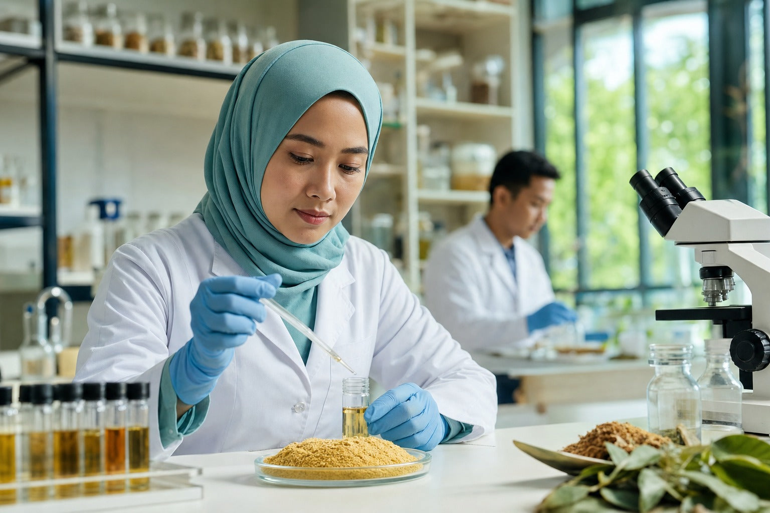 A clean modern quality-control lab bench with sample vials and a dish of golden powder, trustworthy science aesthetic, no logos
