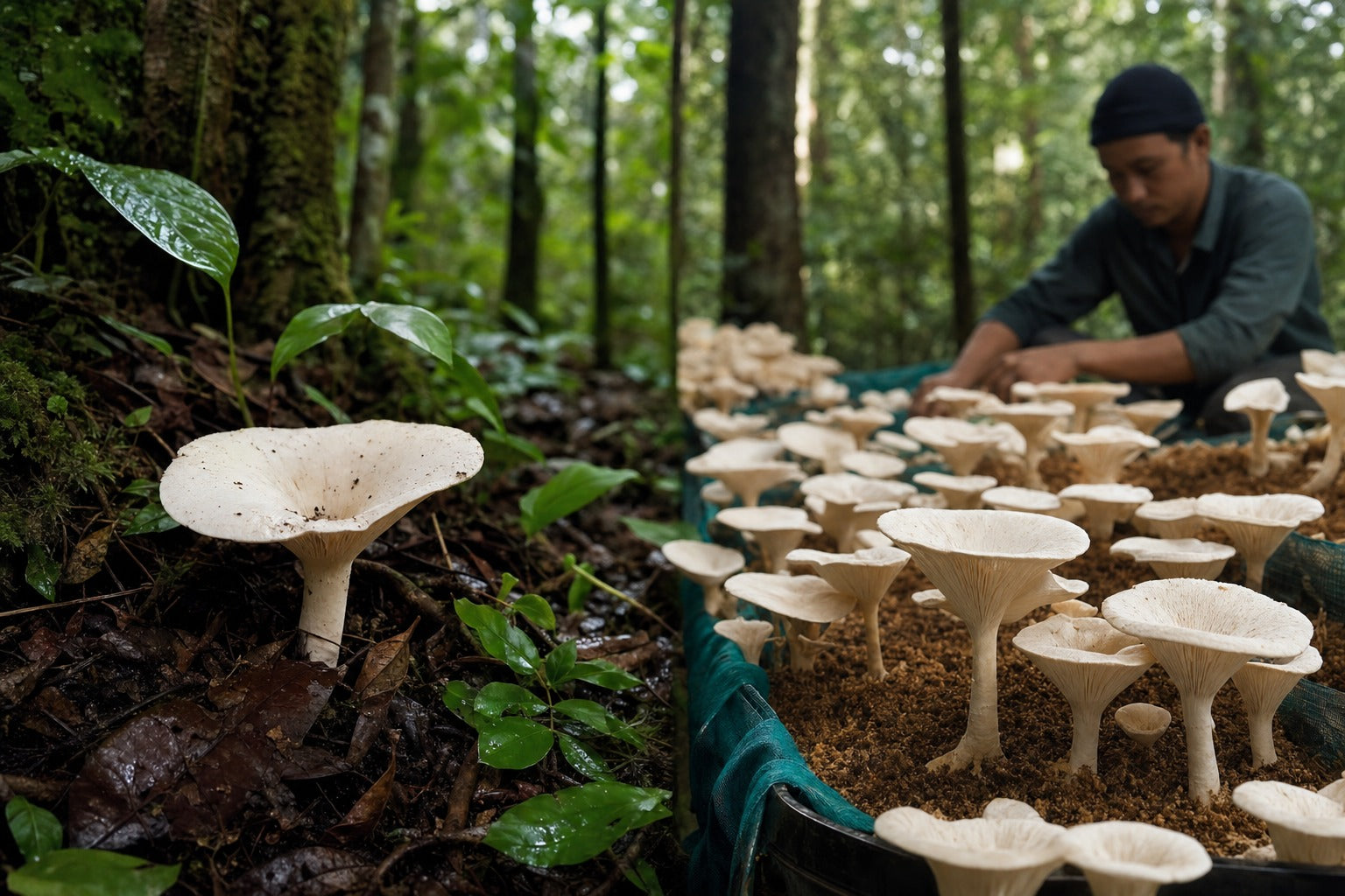 A lush Malaysian rainforest floor with a wild tiger milk mushroom on one side and a clean cultivated growing tray on the other, earthy greens, natural contrast