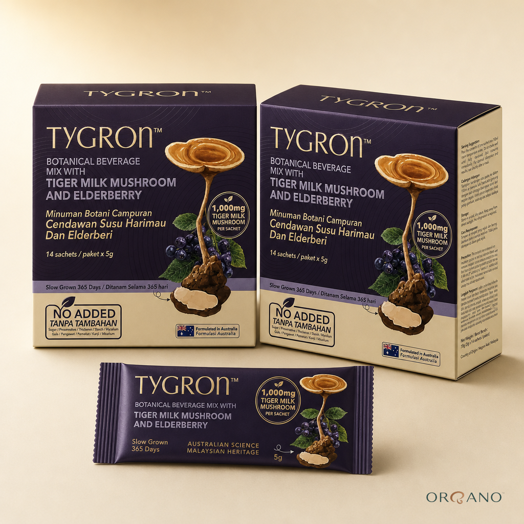 Two TYGRON® tiger milk mushroom boxes by ORGANO, 28-day supply bundle