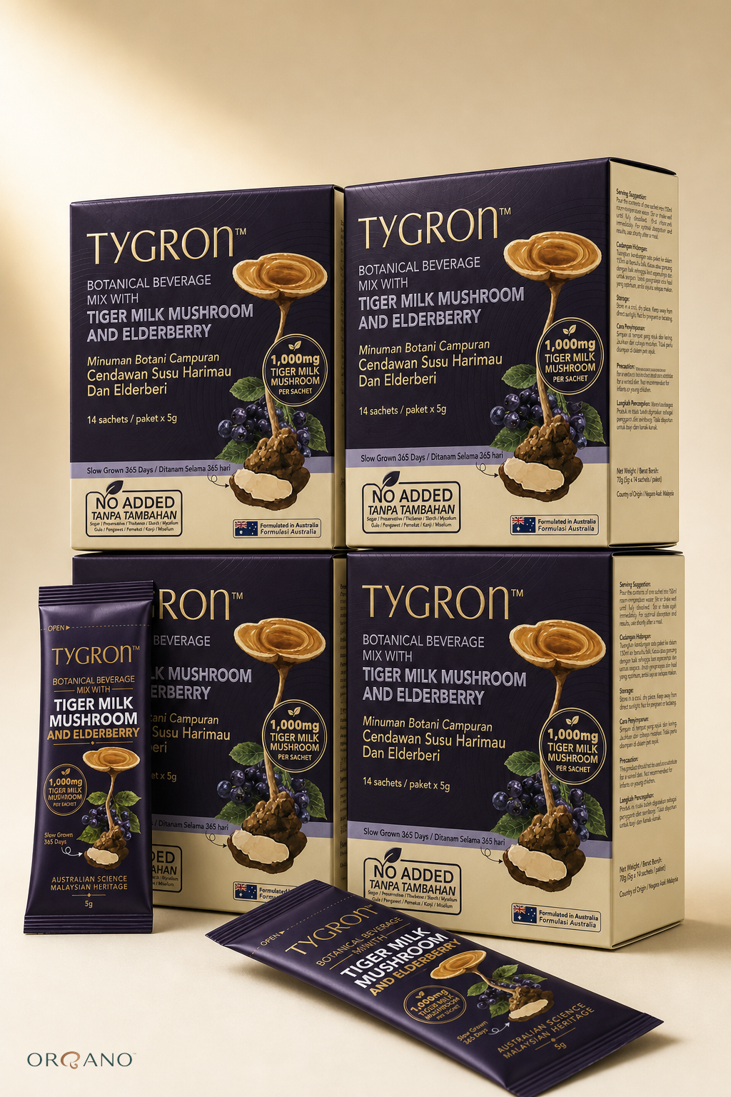 Four TYGRON® tiger milk mushroom boxes, ORGANO subscription delivered every 8 weeks