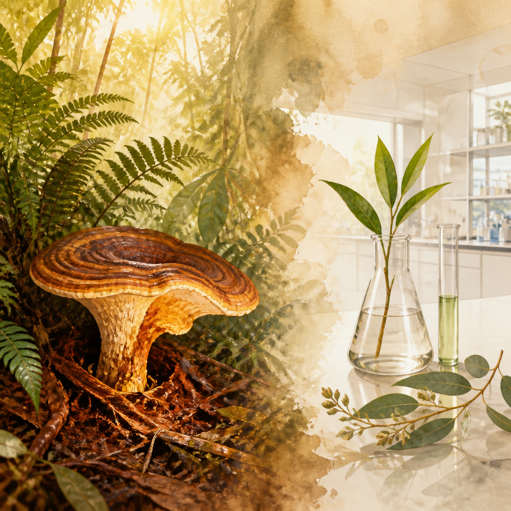 Tiger Milk Mushroom growing in Malaysian rainforest fusing into Australian formulation laboratory — Australian Science meets Malaysian Heritage