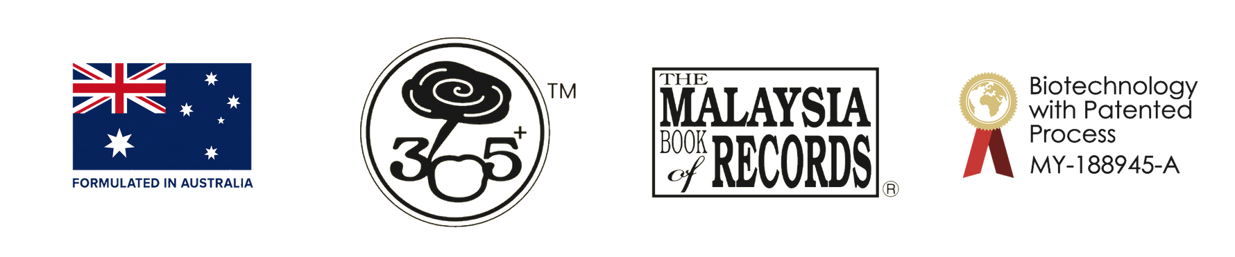 Trust badges v4 — Formulated in Australia, TMM365+, Malaysia Book of Records, Biotechnology with Patented Process